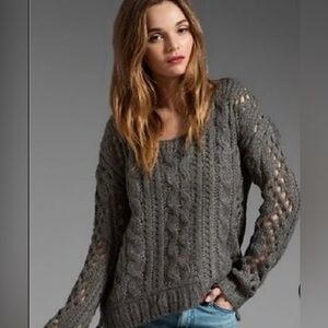 Free People Fluff Wool Blend Sweater Mohair Scoop Neck Cable Knit Gray Small